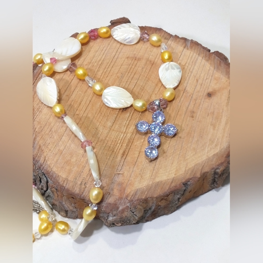Pearl and Crystal Cross Necklace with Yellow Pearl Accents Mother of Pearl